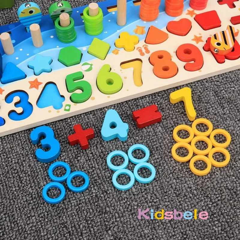 Kids Montessori Math Toys For Toddlers Educational Wooden Puzzle Fishing Toys Count Number Shape Matching.