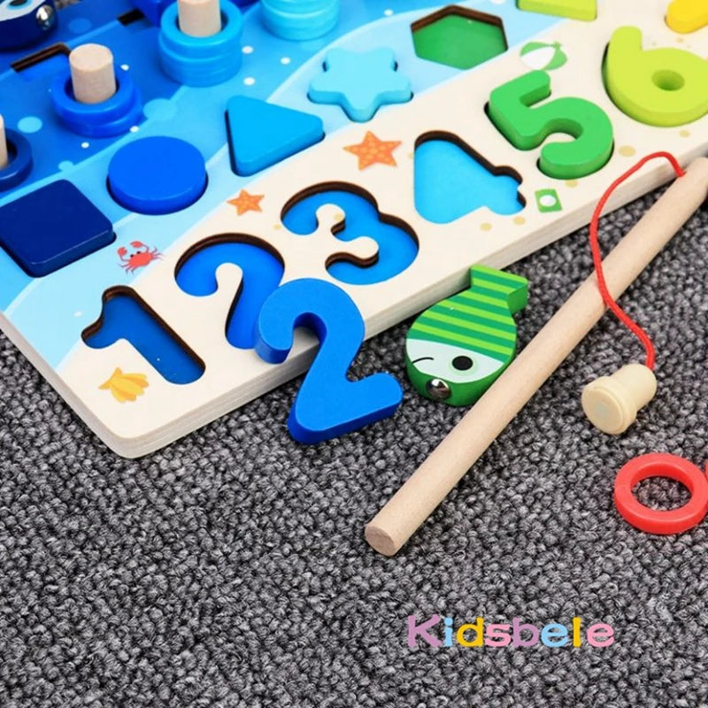 Kids Montessori Math Toys For Toddlers Educational Wooden Puzzle Fishing Toys Count Number Shape Matching.