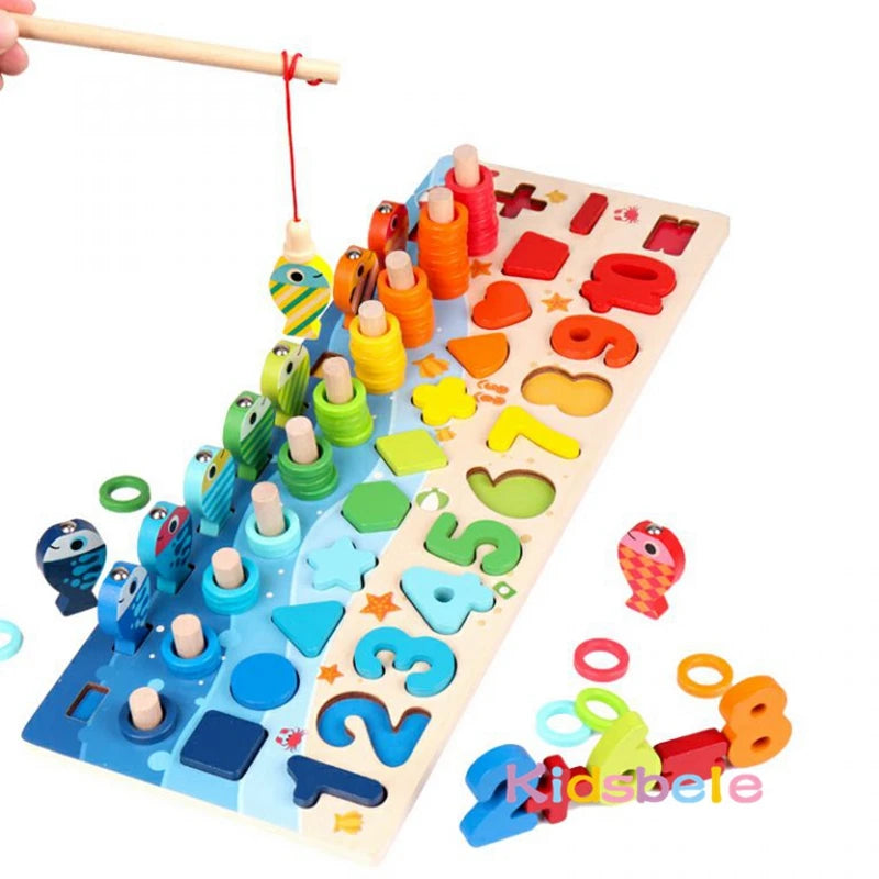 Kids Montessori Math Toys For Toddlers Educational Wooden Puzzle Fishing Toys Count Number Shape Matching.