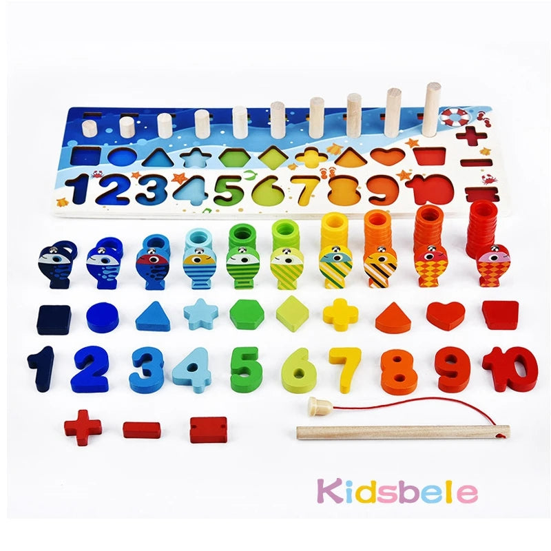 Kids Montessori Math Toys For Toddlers Educational Wooden Puzzle Fishing Toys Count Number Shape Matching.