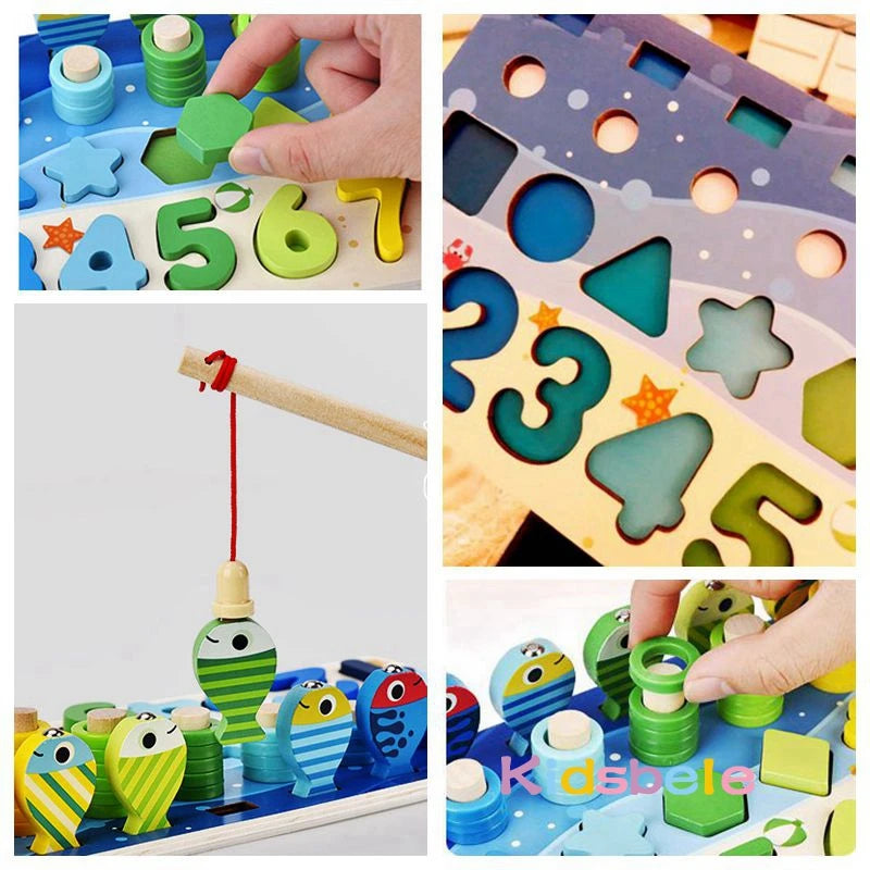 Kids Montessori Math Toys For Toddlers Educational Wooden Puzzle Fishing Toys Count Number Shape Matching.