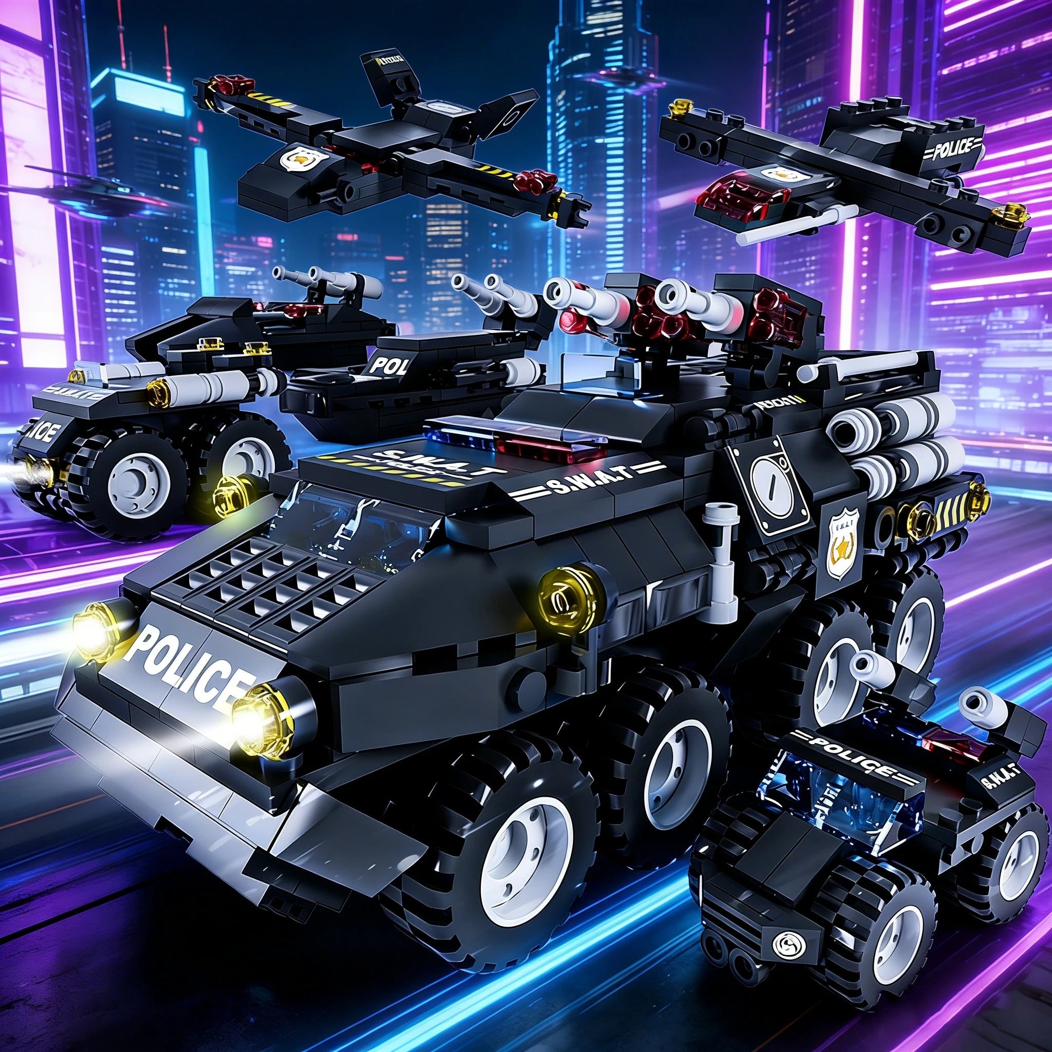 Tiger Police Car Armored Vehicle Building Blocks Military Offroad Truck DIY Assembly Toys Kids Christmas Birthday Gifts