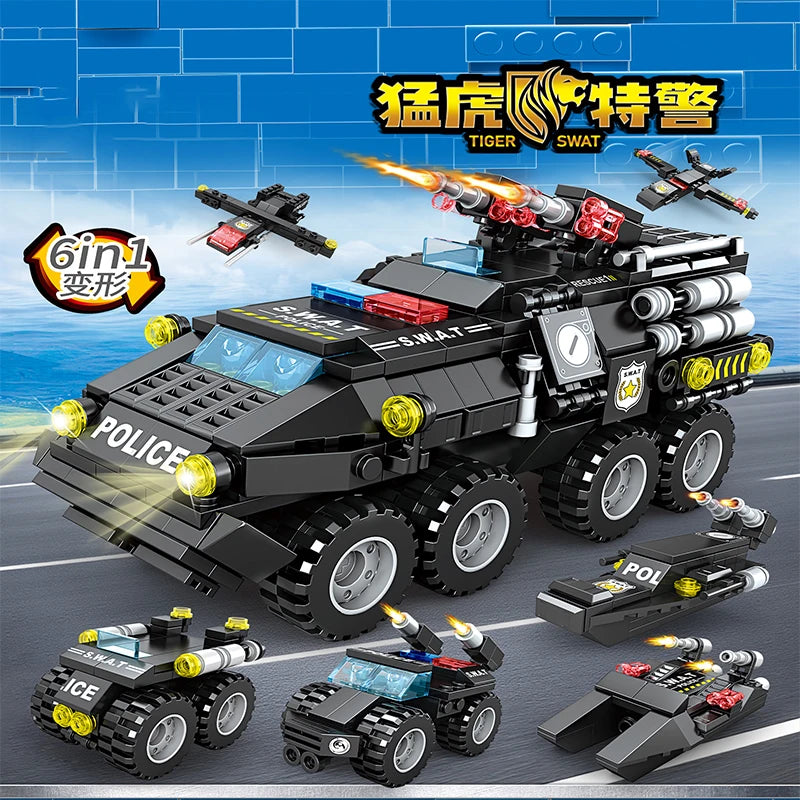 Tiger Police Car Armored Vehicle Building Blocks Military Offroad Truck DIY Assembly Toys Kids Christmas Birthday Gifts