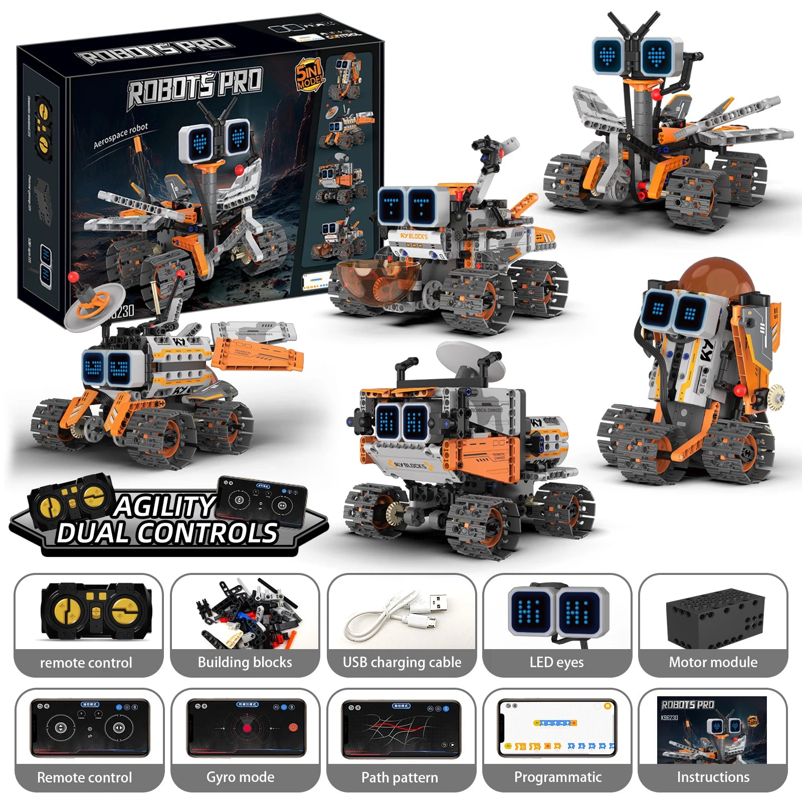 Digital display 5-in-1 transformable robot model assembly, remote control robot building blocks toy, children's toy gift