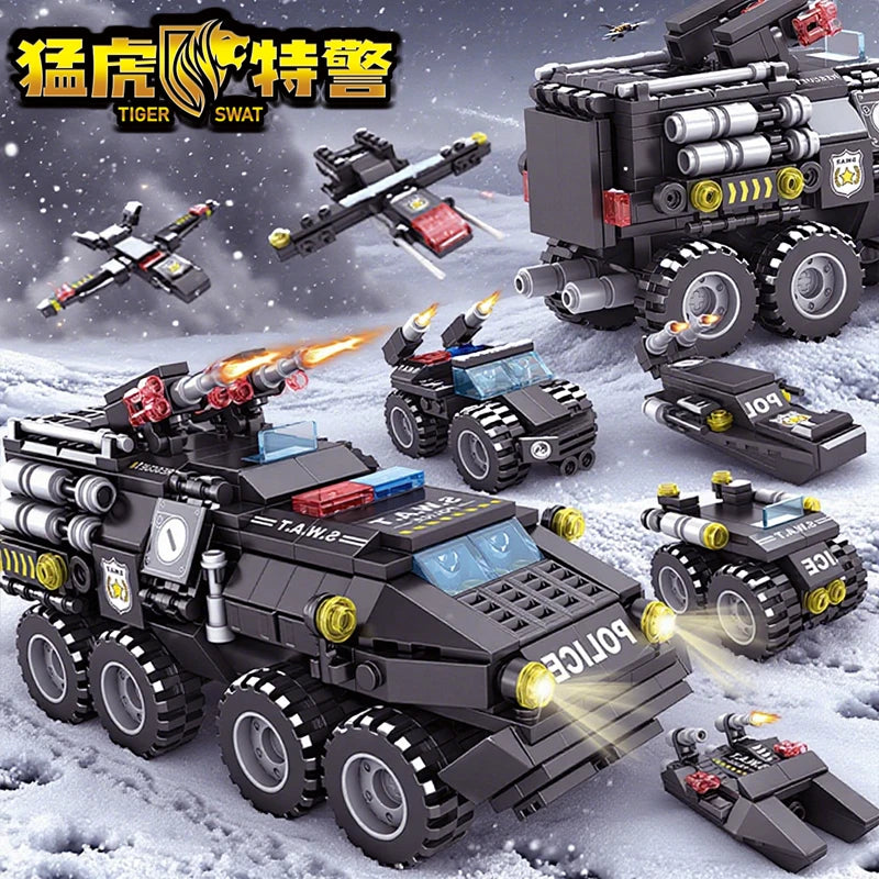 Tiger Police Car Armored Vehicle Building Blocks Military Offroad Truck DIY Assembly Toys Kids Christmas Birthday Gifts