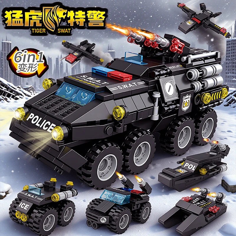 Tiger Police Car Armored Vehicle Building Blocks Military Offroad Truck DIY Assembly Toys Kids Christmas Birthday Gifts