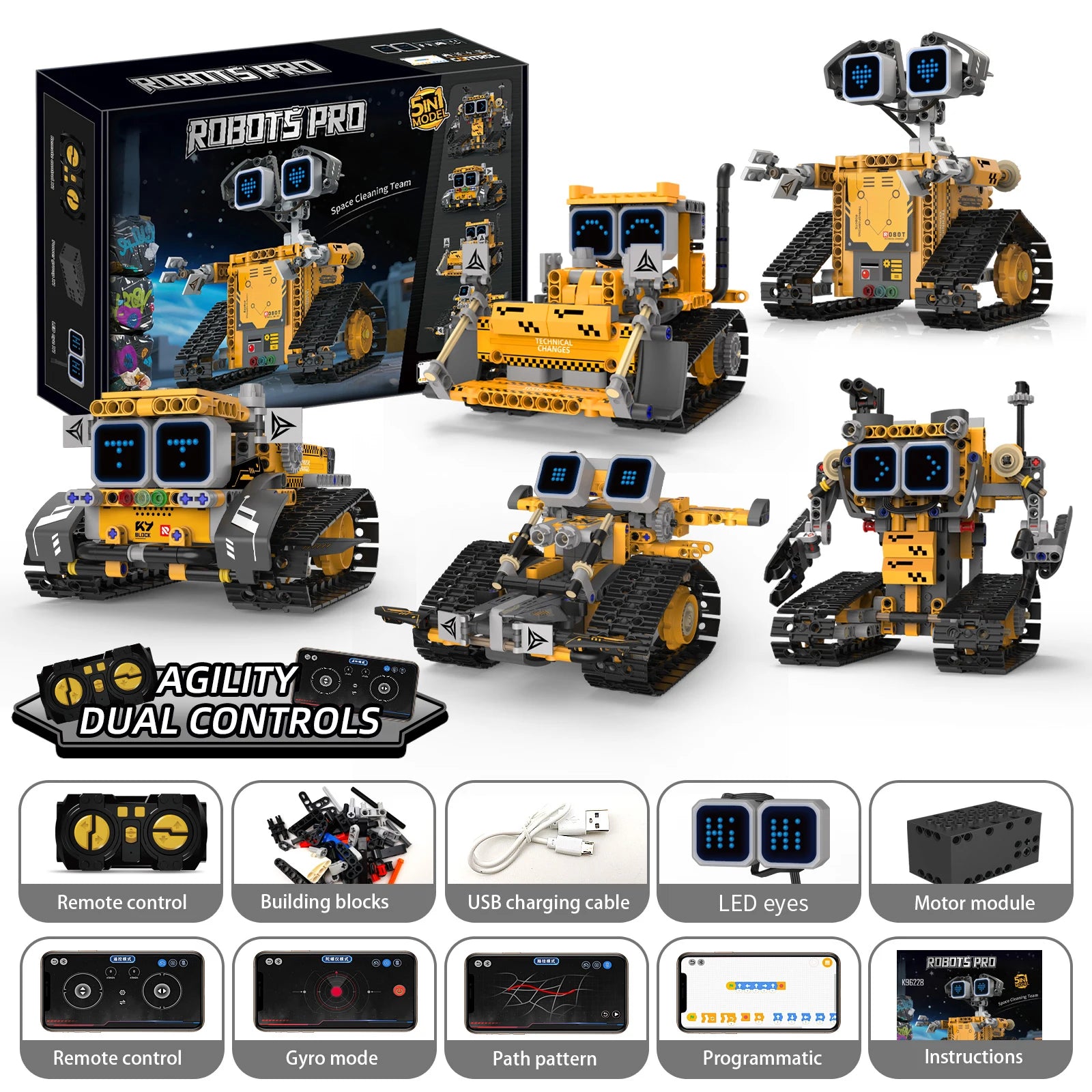 Digital display 5-in-1 transformable robot model assembly, remote control robot building blocks toy, children's toy gift