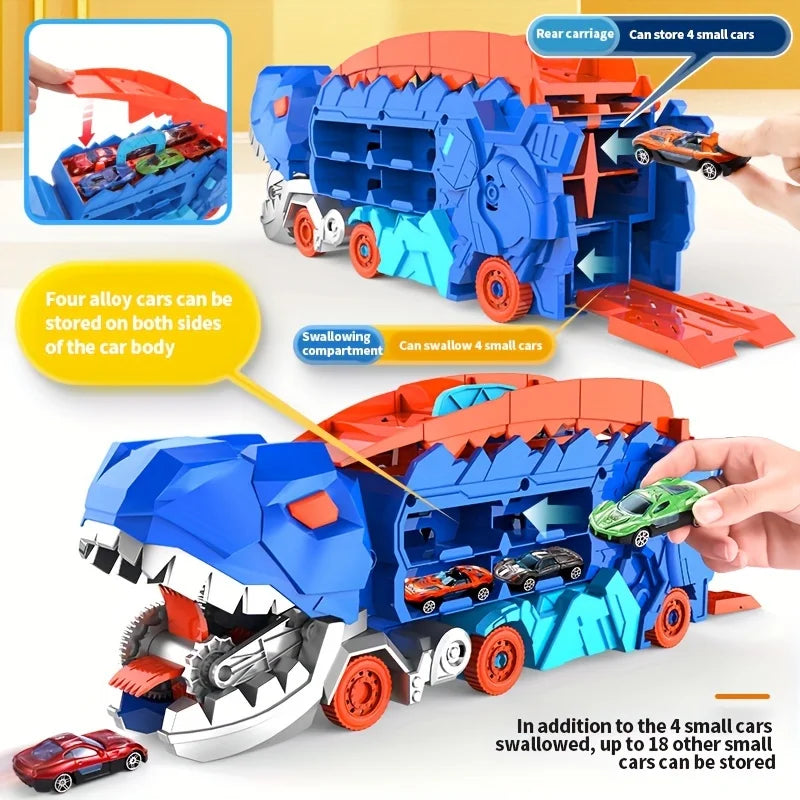 Toddler Dinosaur Transport Truck Toy Set : With 4 Die-Cast Cars, Transforms into Dino, Ideal Boys' Play & Toy Gifts for Boys 3-6