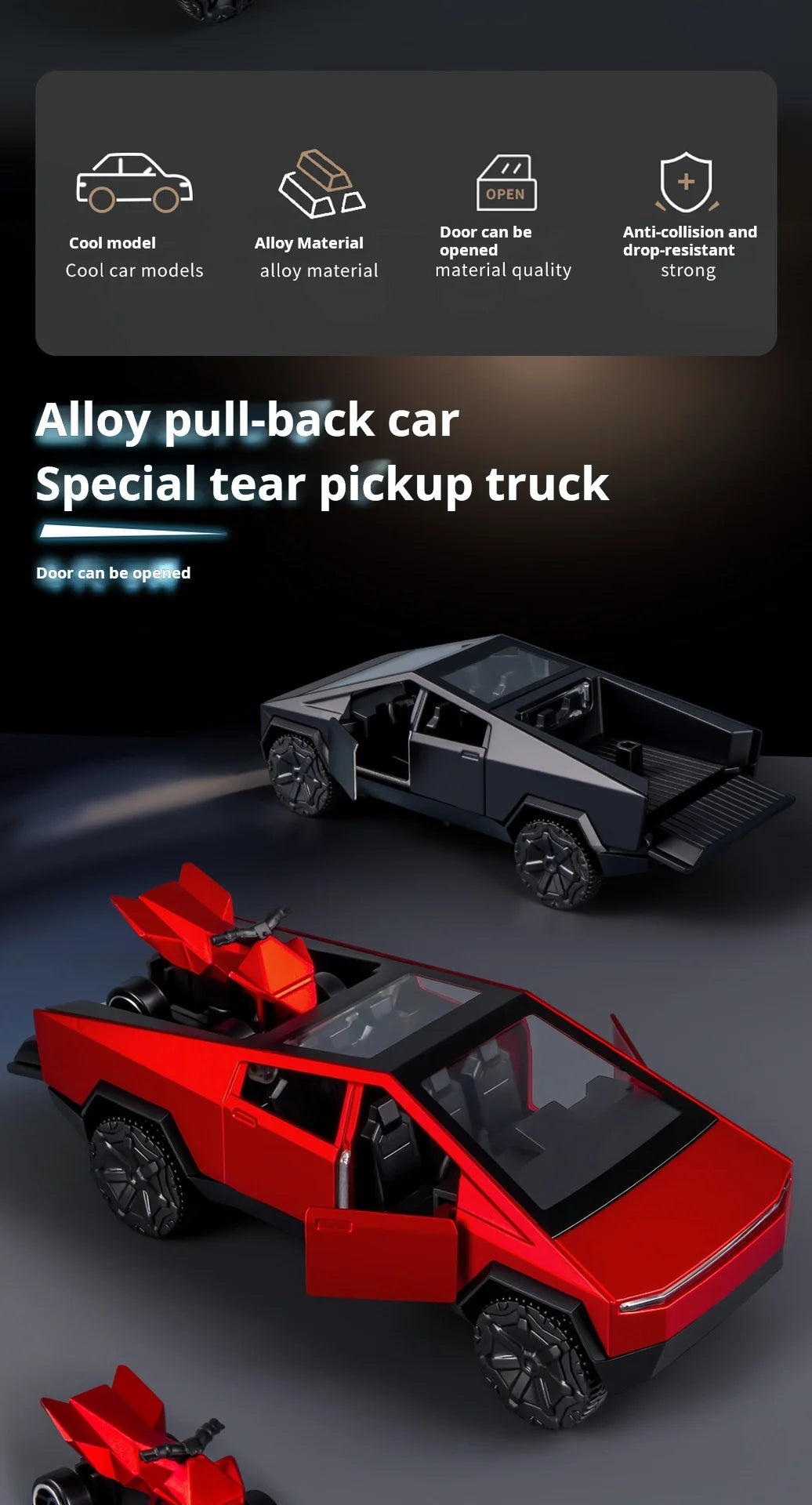 Tesla Cybertruck Toys Off Road Vehicle Die Cast Model Car Beach Motorcycle