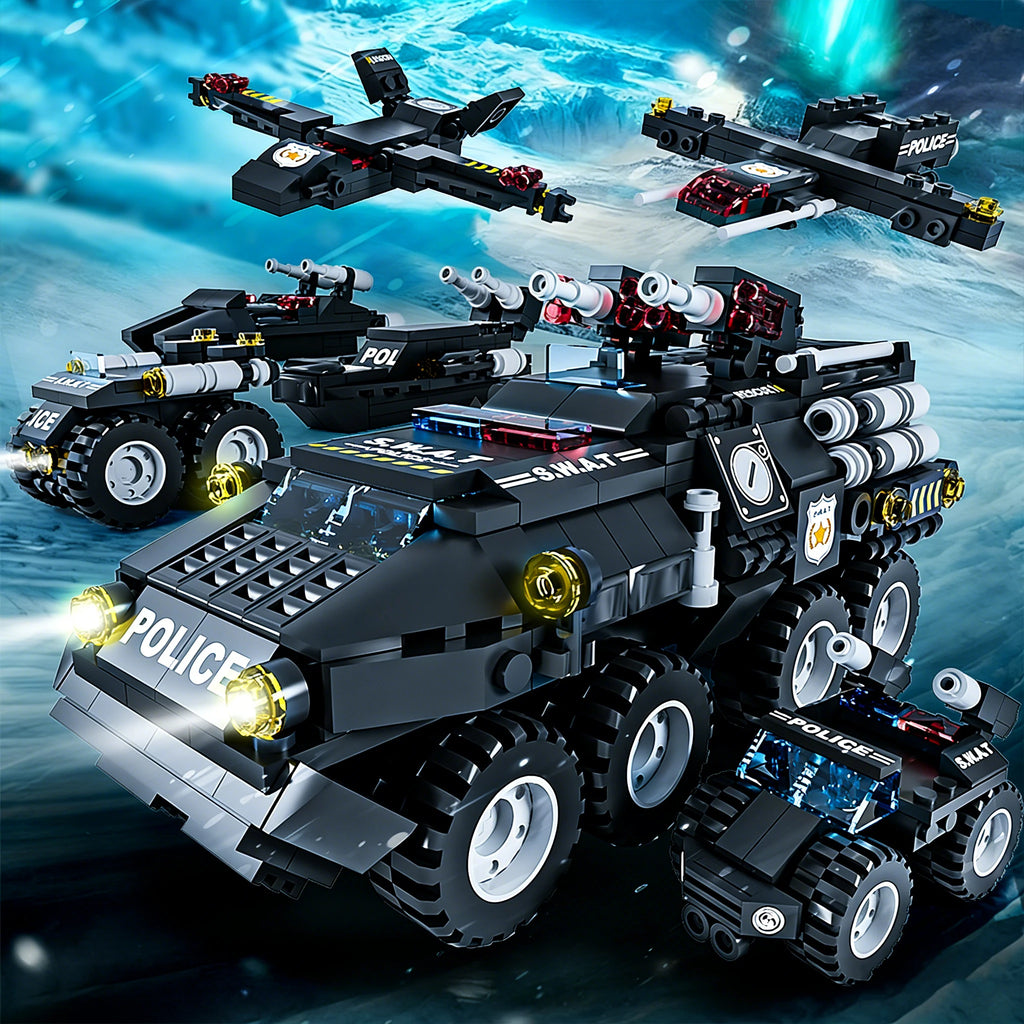 Tiger Police Car Armored Vehicle Building Blocks Military Offroad Truck DIY Assembly Toys Kids Christmas Birthday Gifts