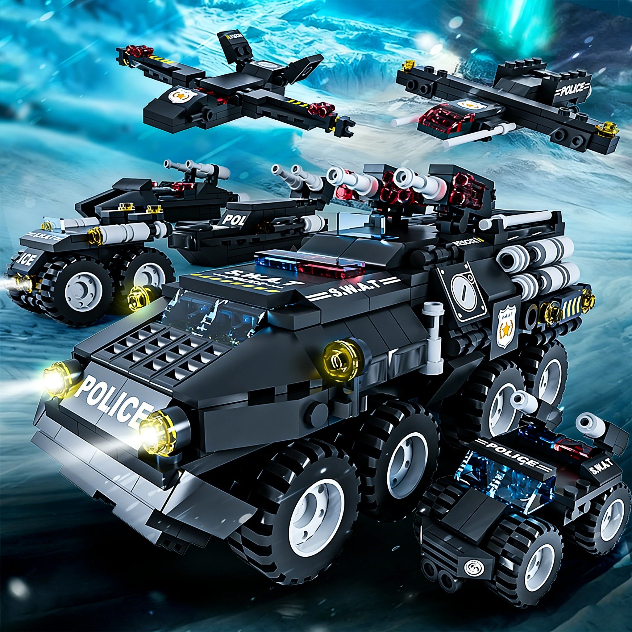 Tiger Police Car Armored Vehicle Building Blocks Military Offroad Truck DIY Assembly Toys Kids Christmas Birthday Gifts