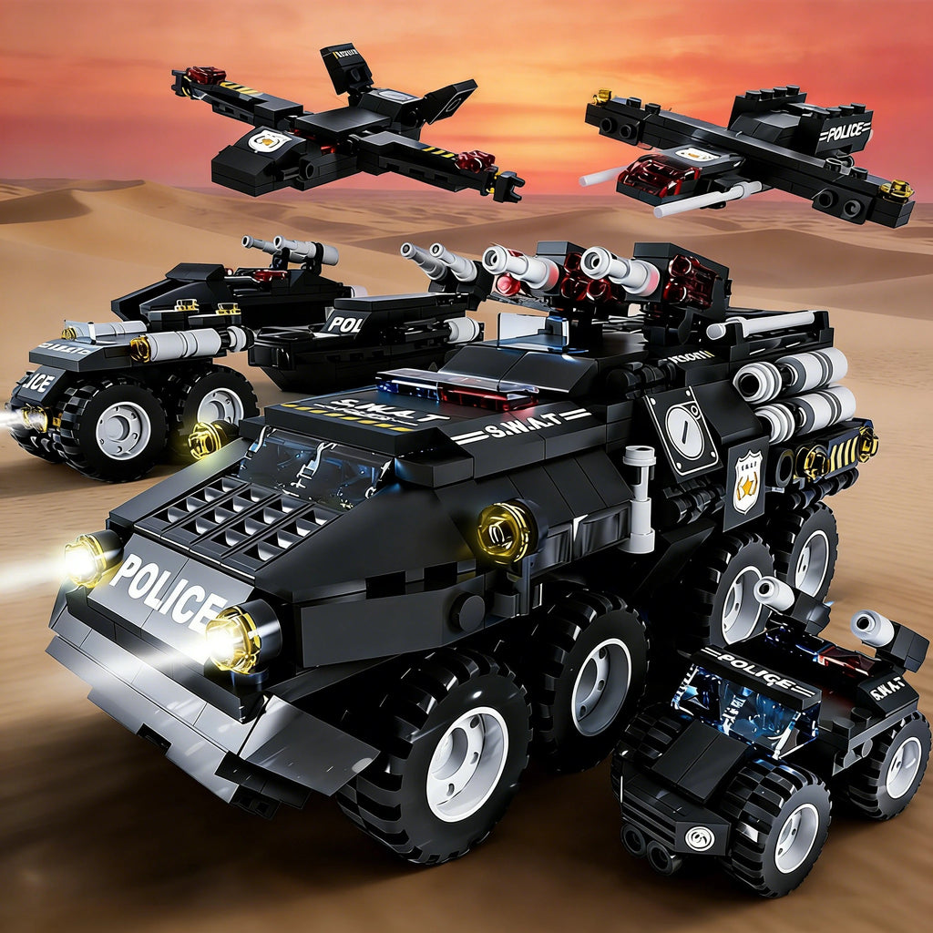 Tiger Police Car Armored Vehicle Building Blocks Military Offroad Truck DIY Assembly Toys Kids Christmas Birthday Gifts