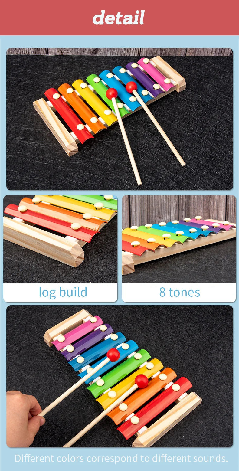 9 in 1 Wooden Montessori Toys Rattle Bell Drum Column Set Musical Instruments Sensory Early Baby Toy Toddler Education