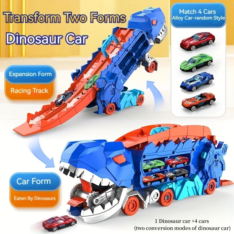 Toddler Dinosaur Transport Truck Toy Set : With 4 Die-Cast Cars, Transforms into Dino, Ideal Boys' Play & Toy Gifts for Boys 3-6