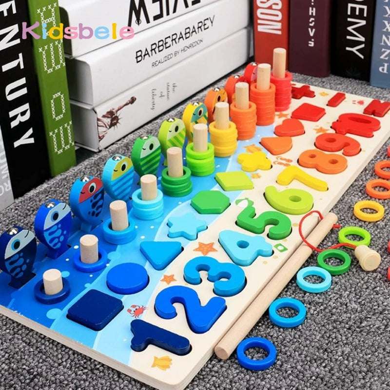 Kids Montessori Math Toys For Toddlers Educational Wooden Puzzle Fishing Toys Count Number Shape Matching.